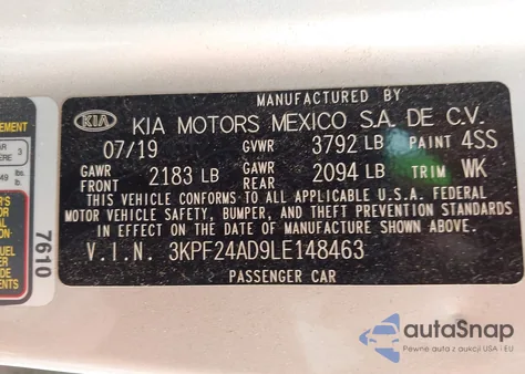 2020 Kia Forte Lxs z USA, uszkodzony, nr VIN 3KPF24AD9LE148463